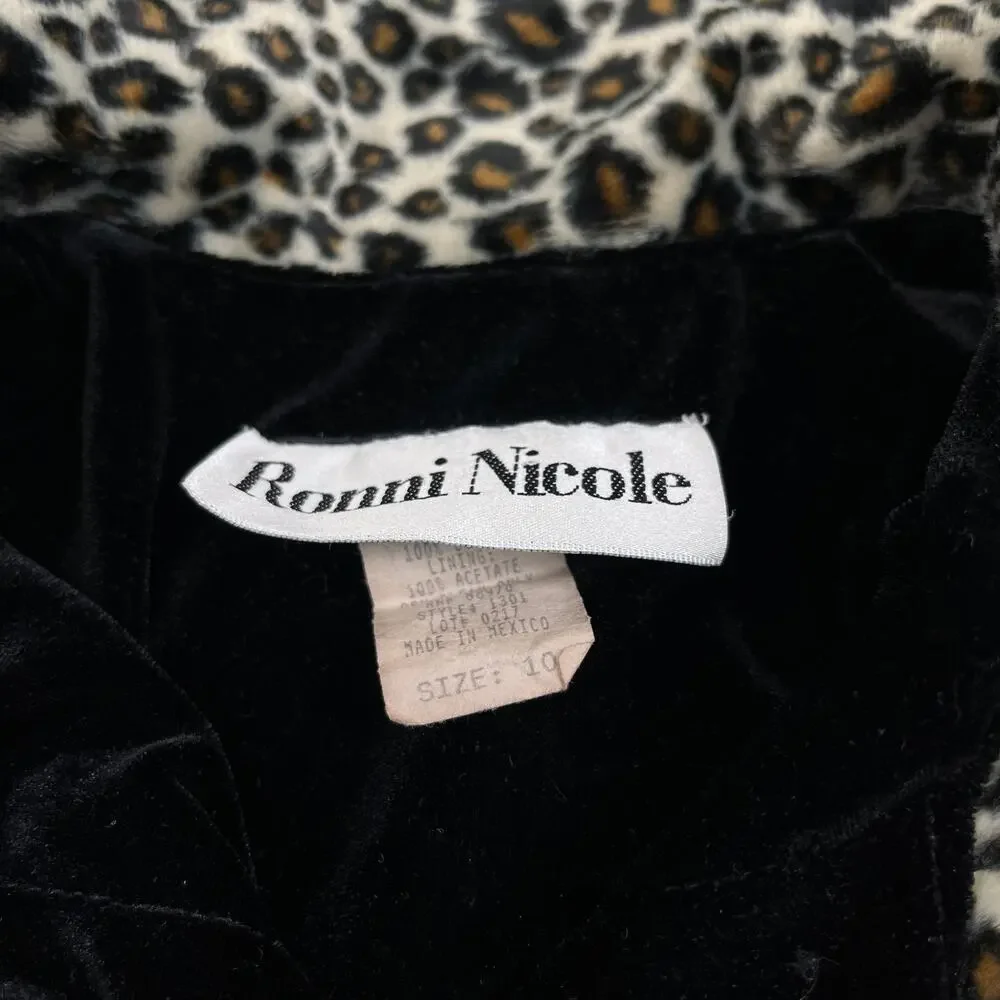 Vintage 90s Ronni Nicole Leopard Trim Black Velvet Shirt Dress Sz 10 - Picture 3 of 6